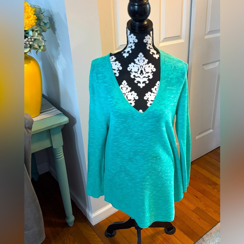 Eileen Fisher  Sz M Sweater V-Neck Organic Linen Cotton Slub Turquoise Green